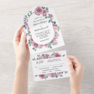 Invitation Tout En Un Eucalyptus Dusty Mauve Rose Mariage d'aquarelle