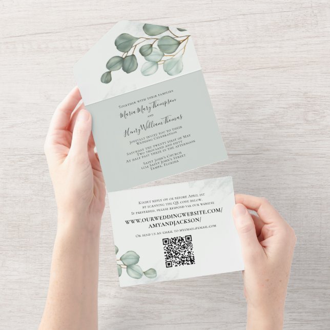 Invitation Tout En Un Eucalyptus Elegant Aquarelle Foliage QR Code (Déchirure)