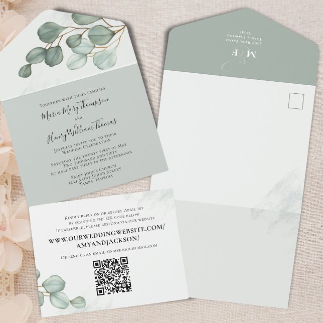 Invitation Tout En Un Eucalyptus Elegant Aquarelle Foliage QR Code (Elegant eucalyptus watercolor QR code all-in-one wedding invitation.)