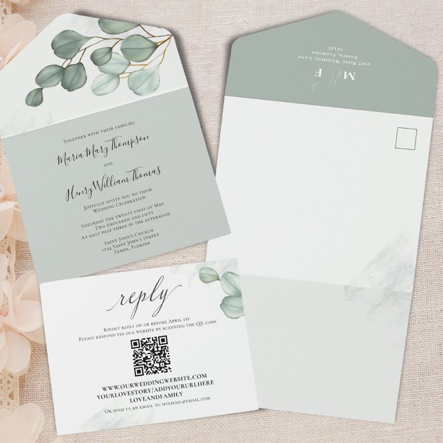 Invitation Tout En Un Eucalyptus Elegant Aquarelle Mariage QR Code (Botanical green eucalyptus leaves all in one wedding invitations.)