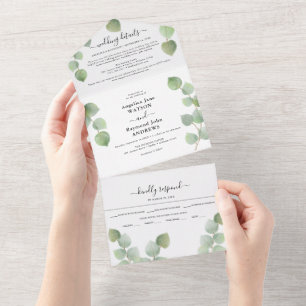 Invitation Tout En Un Eucalyptus et doré : mariage classique vert et or