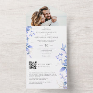 Invitation Tout En Un Eucalyptus feuille élégante photo code QR mariage