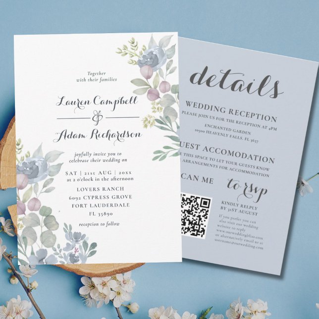 Invitation Tout-en-un Eucalyptus Floral Dusty Blue Mariage (Créateur téléchargé)