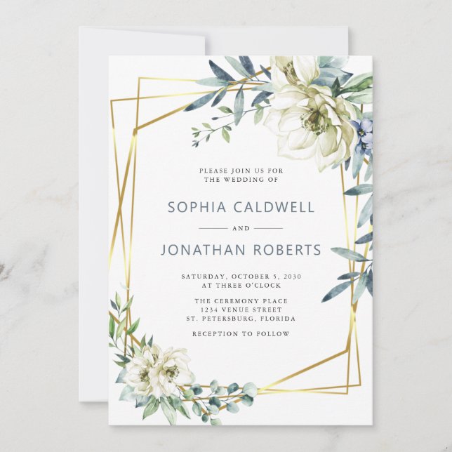 Invitation Tout en un Eucalyptus Floral Mariage or (Devant)