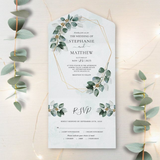 Invitation Tout En Un Eucalyptus Foliage géométrique Mariage moderne (Créateur téléchargé)