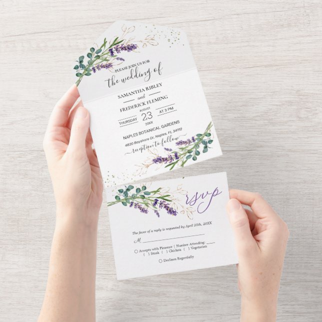 Invitation Tout En Un Eucalyptus Foliage Purple Lavender Flowers Mariage (Déchirure)