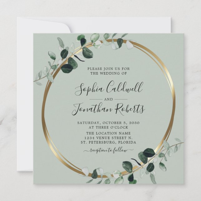 Invitation Tout en un Eucalyptus Gold Sage Carré Mariage (Devant)