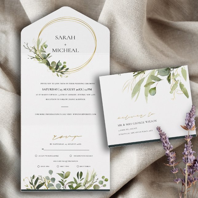 INVITATION TOUT EN UN EUCALYPTUS GREEN GOLD FOLIAGE EAU COULEUR MARIAGE  (Créateur téléchargé)