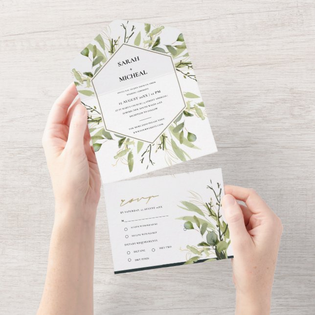 INVITATION TOUT EN UN EUCALYPTUS GREEN GOLD FOLIAGE HEXAGONAL MARIAGE (Déchirure)