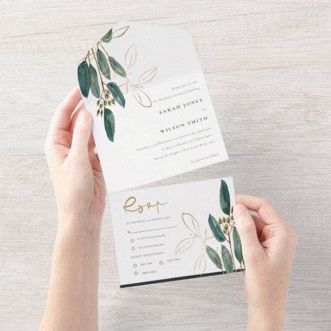 Invitation Tout En Un Eucalyptus Green Gold Foliage Mariage d'aquarelle (Déchirure)