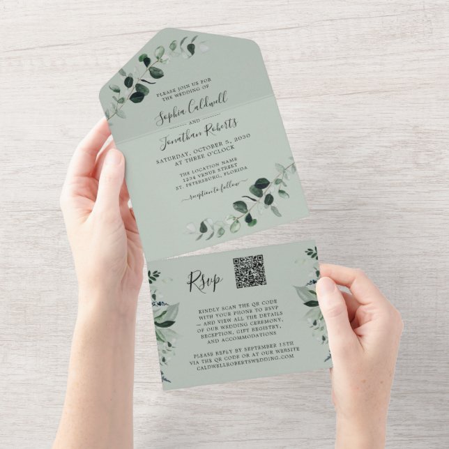 Invitation Tout En Un Eucalyptus Green QR Code RSVP Sage Mariage (Déchirure)