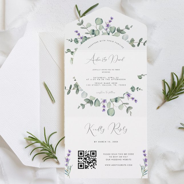 Invitation Tout En Un Eucalyptus Lavender Script QR Code Printemps Maria (Créateur téléchargé)