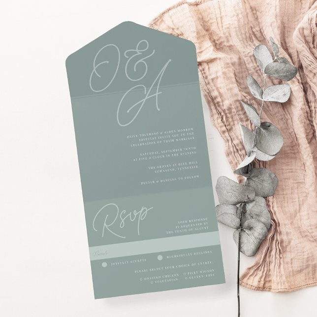 Invitation Tout En Un Eucalyptus | Mariage de monogramme de filigrane de (Créateur téléchargé)