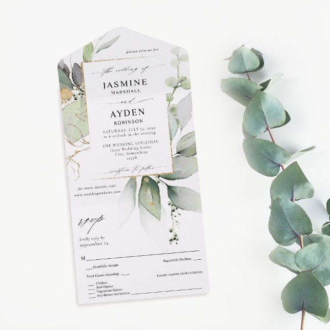 Invitation Tout En Un Eucalyptus Mariage de verdure or brillant (Créateur téléchargé)