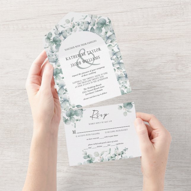 Invitation Tout En Un Eucalyptus Mariage Feuille tout en un (Déchirure)