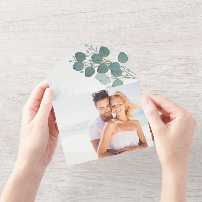 Invitation Tout En Un Eucalyptus moderne Élégant Foliage Rustique Photo (Ouverture)