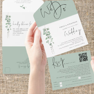 Invitation Tout En Un Eucalyptus moderne Nous faisons QR Code Mariage