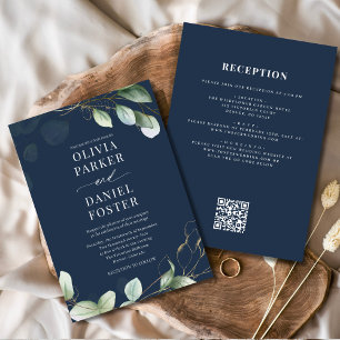 Invitation Tout en un Eucalyptus Navy Blue QR Code Mariage