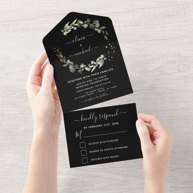 Invitation Tout En Un Eucalyptus noir Mariage Élégant (Déchirure)