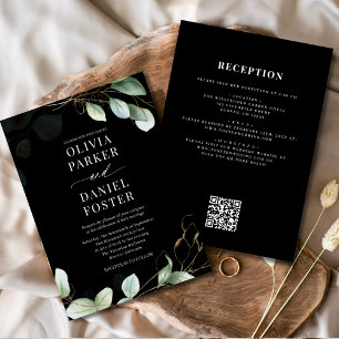 Invitation Tout en un Eucalyptus Noir QR Code Mariage