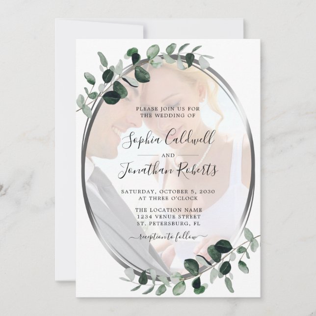 Invitation Tout en un Eucalyptus Photo Mariage en argent (Devant)