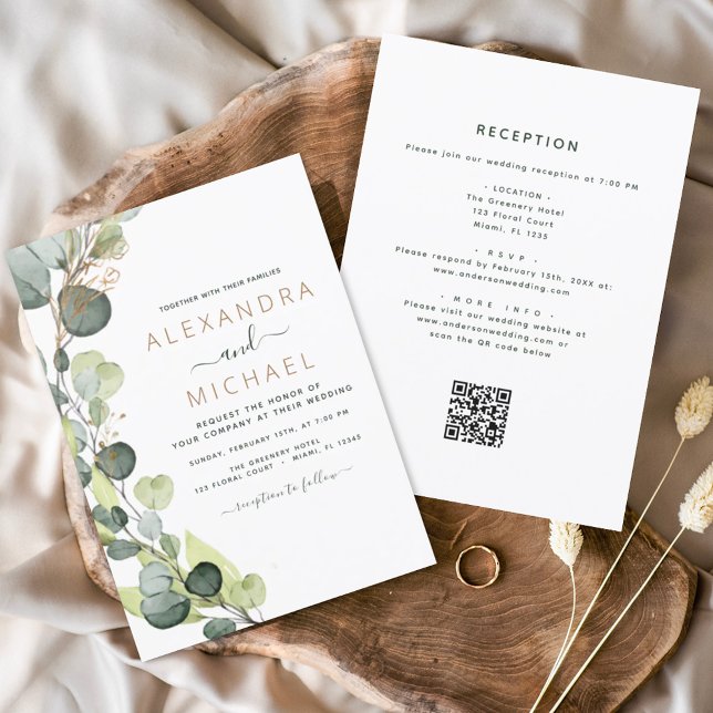 Invitation Tout en un Eucalyptus QR Code Mariage Vert (Créateur téléchargé)