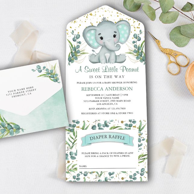 Invitation Tout En Un Eucalyptus rustique Baby shower éléphant (Créateur téléchargé)