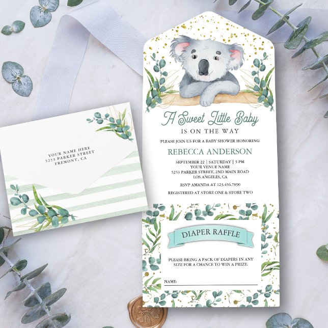 Invitation Tout En Un Eucalyptus rustique Cute Koala Baby shower ours (Créateur téléchargé)