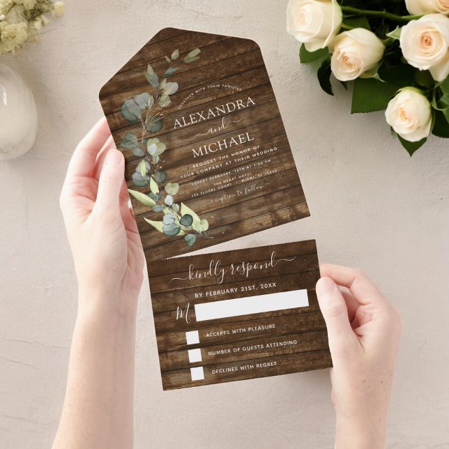 Invitation Tout En Un Eucalyptus rustique Pays Bois Mariage RSVP (Créateur téléchargé)