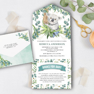 Invitation Tout En Un Eucalyptus Rustique Vert Baby shower Ours Koala