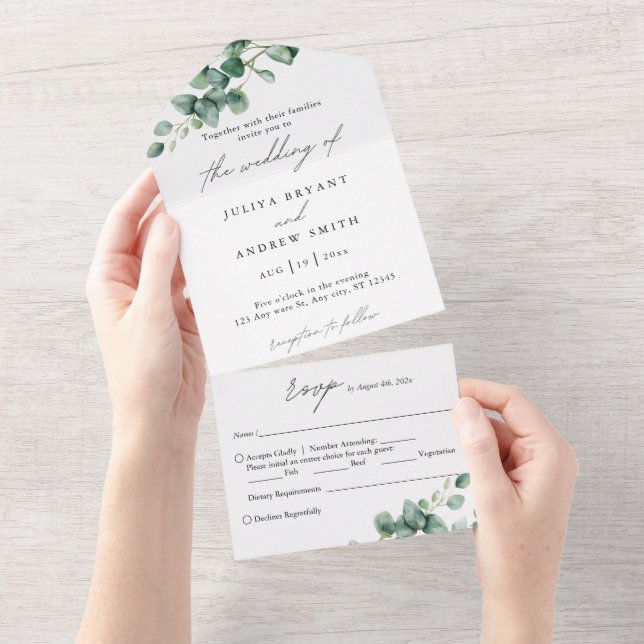 Invitation Tout En Un Eucalyptus verdoyant en écriture blanche mariage (Déchirure)