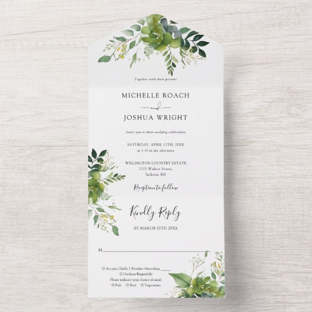 Invitation Tout En Un Eucalyptus Verdure Élégant Mariage Monogramme (À l'intérieur)