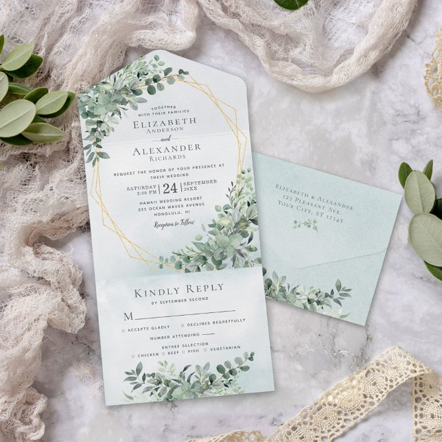 Invitation Tout En Un Eucalyptus Verdure Or tout en un mariage Inviter (Créateur téléchargé)