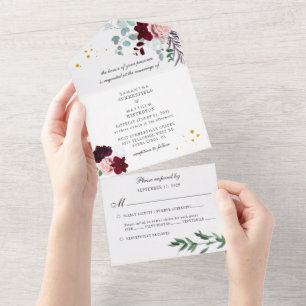 Invitation Tout En Un Eucalyptus Vert Bourgogne Mariage floral