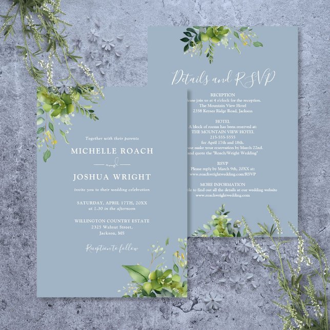 Invitation Tout en un Eucalyptus Vert Dusty Blue Mariage (All In One Eucalyptus Greenery Dusty Blue Wedding Invitation)