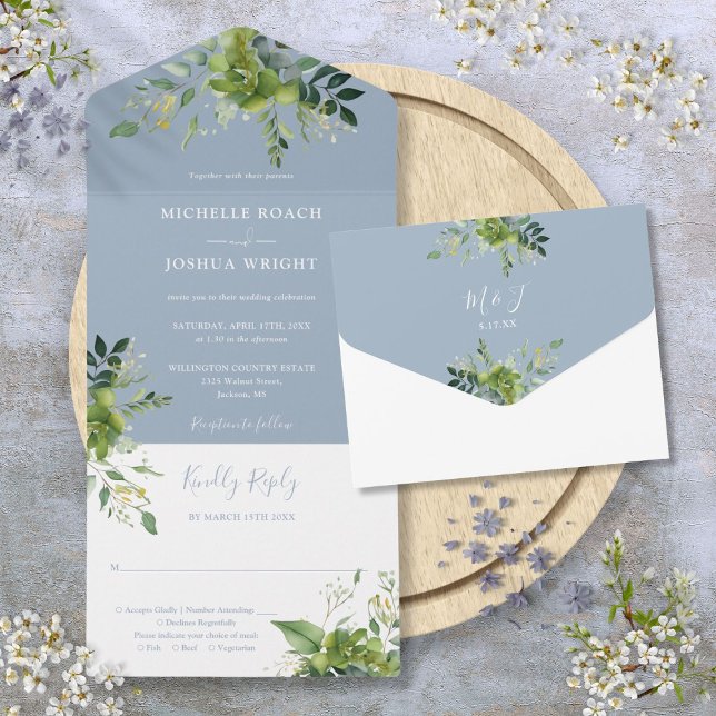 Invitation Tout En Un Eucalyptus Vert Dusty Blue Monogram Mariage (Eucalyptus Greenery Dusty Blue Monogram Wedding All In One Invitation)