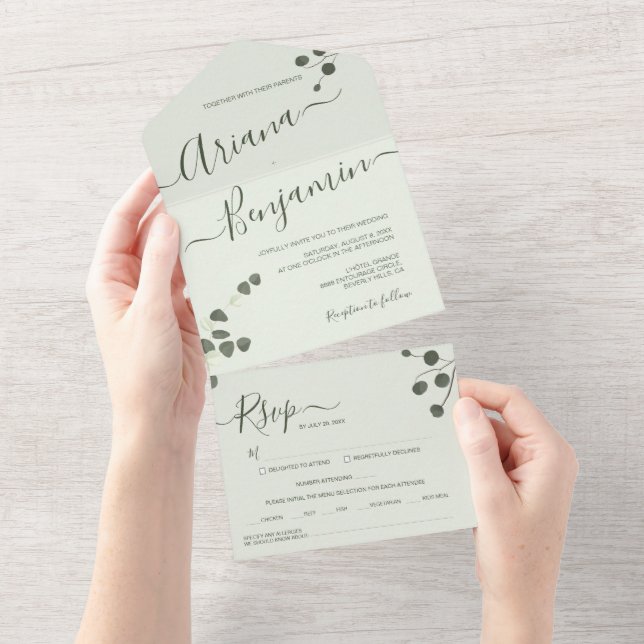 Invitation Tout En Un Eucalyptus vert Élégant Nom Script Moderne (Déchirure)