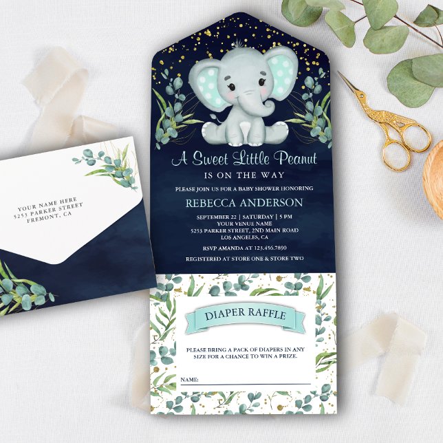 Invitation Tout En Un Eucalyptus Vert Elephant Marine Baby shower bleu (Créateur téléchargé)