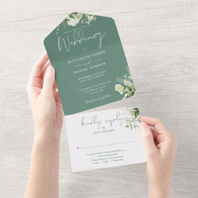 Invitation Tout En Un Eucalyptus Vert Floral Verdure Monogramme Mariage (Déchirure)