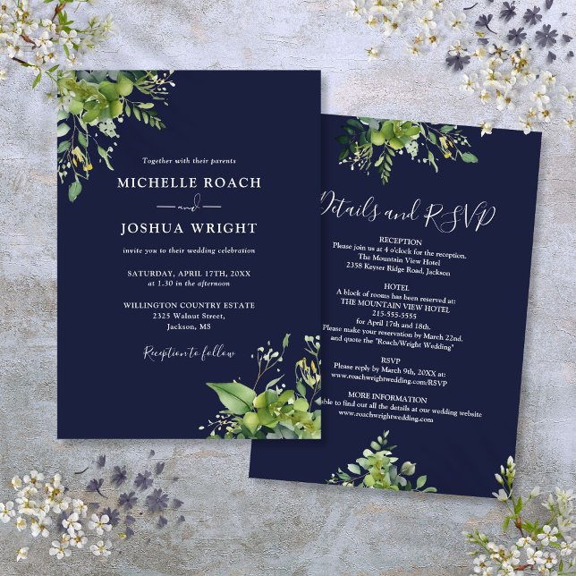 Invitation Tout en un Eucalyptus Vert Mariage bleu marine (All In One Eucalyptus Greenery Navy Blue Wedding Invitation)