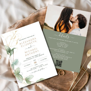 Invitation Tout en un Eucalyptus vert Mariage de code QR