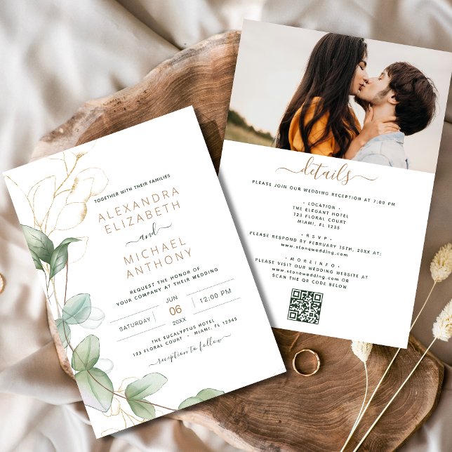 Invitation Tout en un Eucalyptus vert Mariage de code QR (Créateur téléchargé)