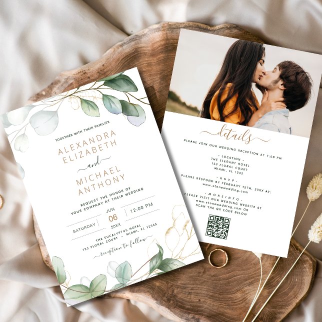 Invitation Tout en un Eucalyptus vert Mariage de code QR (Créateur téléchargé)