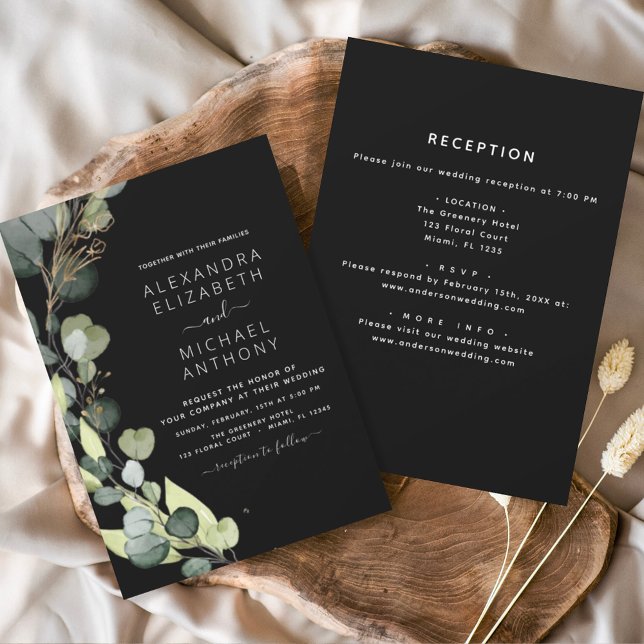 Invitation Tout en un Eucalyptus vert Mariage noir (Créateur téléchargé)