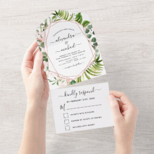 Invitation Tout En Un Eucalyptus Vert Mariage Rose or rose RSVP