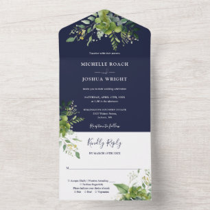 Invitation Tout En Un Eucalyptus Vert Marine Mariage Monogramme bleu mar
