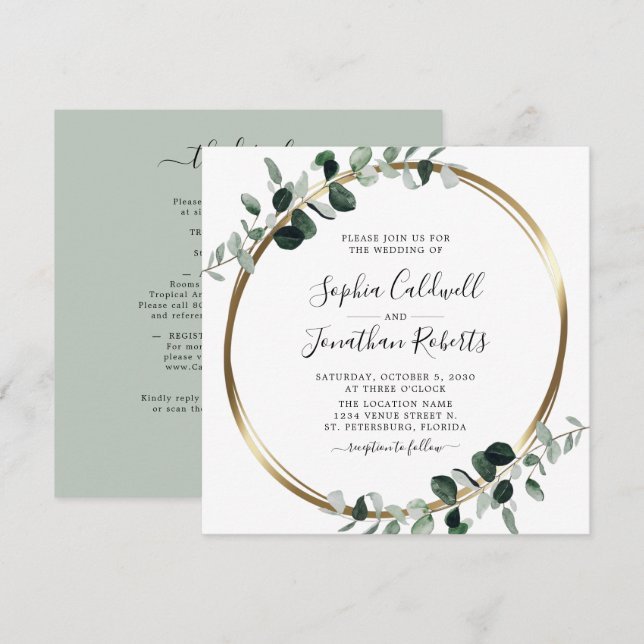 Invitation Tout en un Eucalyptus White Sage Carré Mariage (Devant / Derrière)