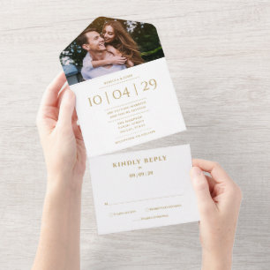 Invitation Tout En Un Faire Carton de Mariage avec Date de Photo en Or