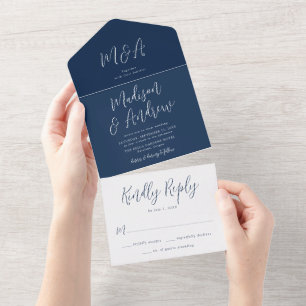 Invitation Tout En Un Faire Mariage Simple Bleu Marine