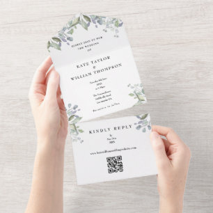 Invitation Tout En Un Faire part de mariage code QR floral lilas sage ve
